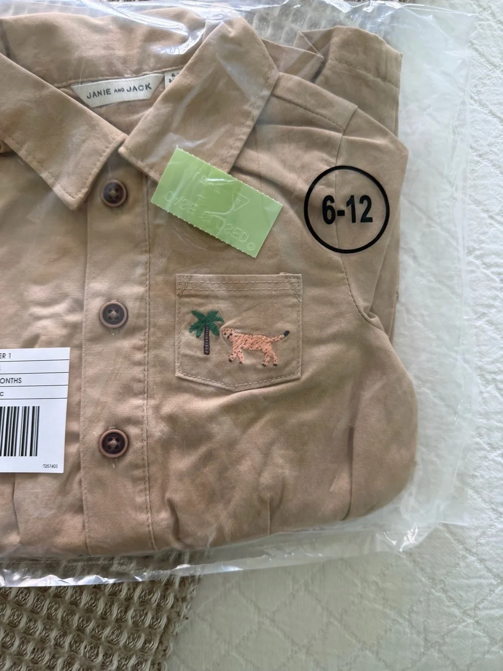 Janie and Jack Beige Embroidered Pocket safari jumpsuit size 6 to 12 months new
